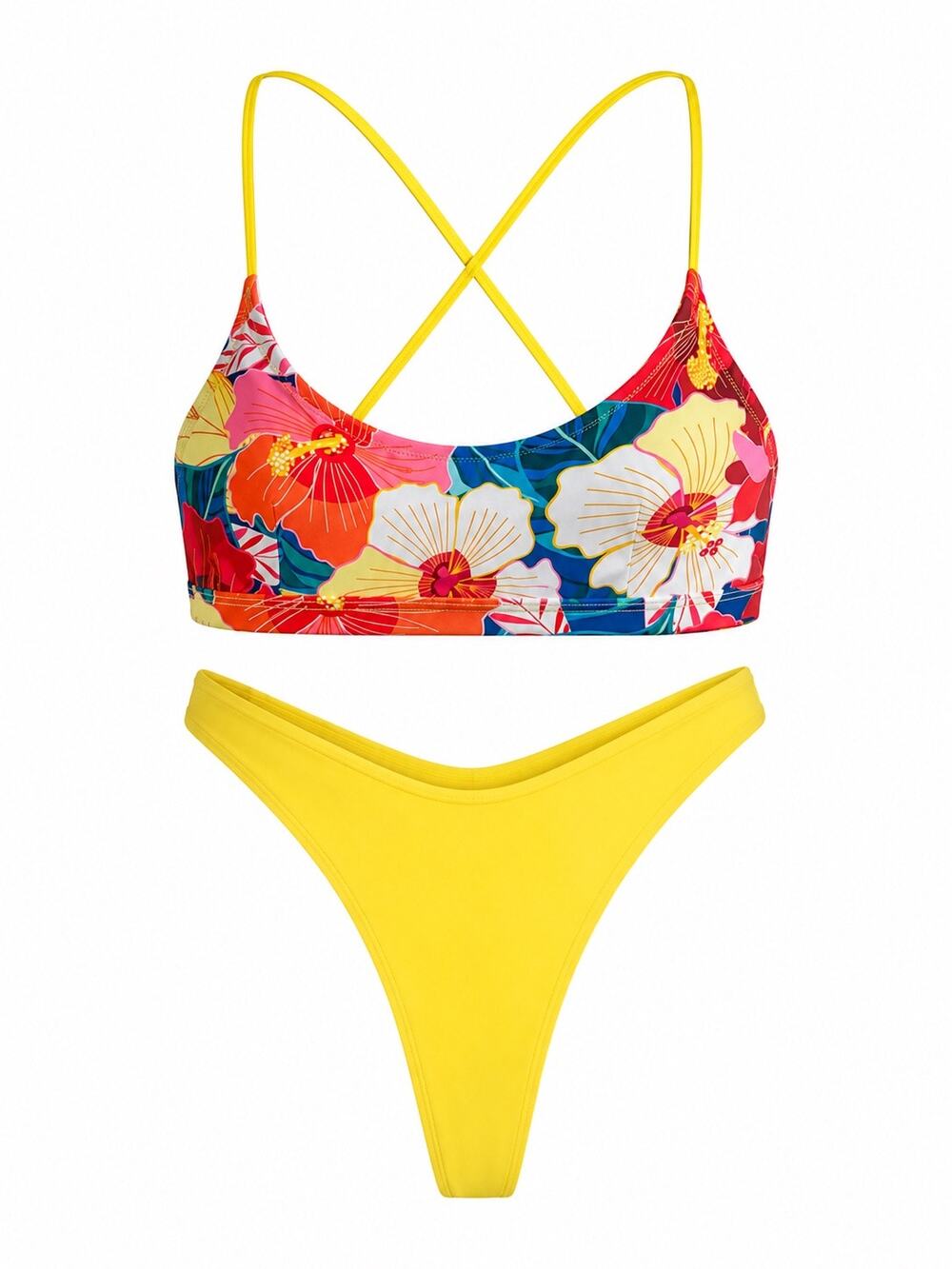 SHEIN Tropical Floral & Neon Yellow Bikini Set Size M